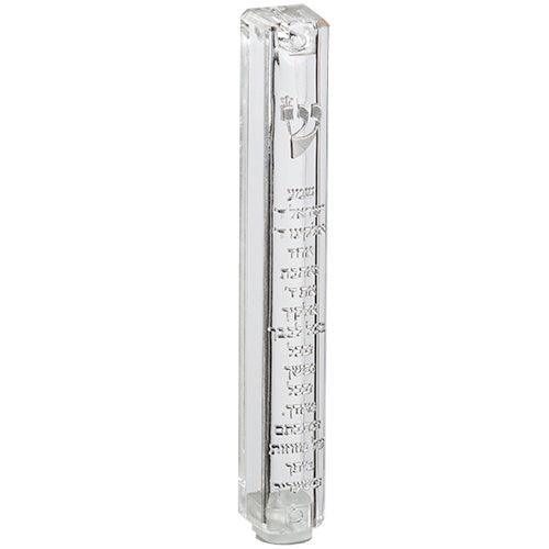Plastic Transparent Mezuzah With Rubber Cork 12 Cm - "shema Yisrael" With Silver Shin
