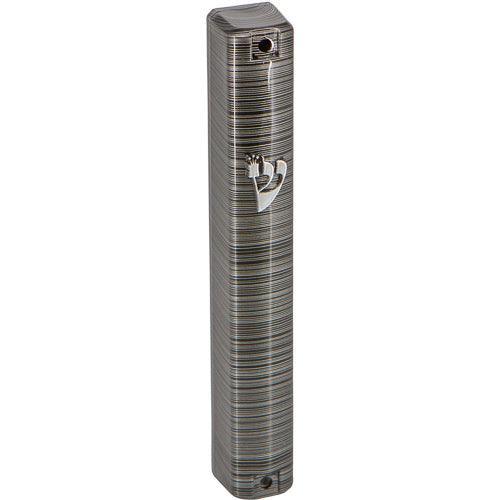Plastic Mezuzah With  Rubber Cork 15 Cm - 3d Metallic Gray Striped Design