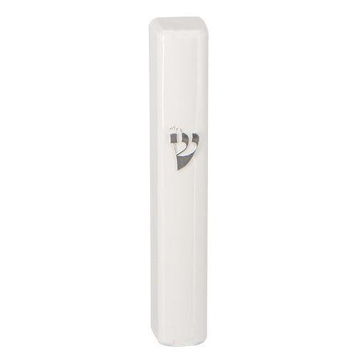 Plastic Mezuzah With Rubber Cork 12 Cm- White With Silver Shin - Without Holes