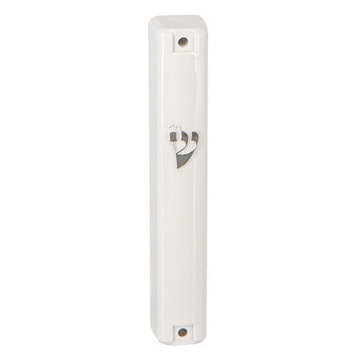 White Plastic Mezuzah With Rubber Cork  12 Cm- With Silver Shin