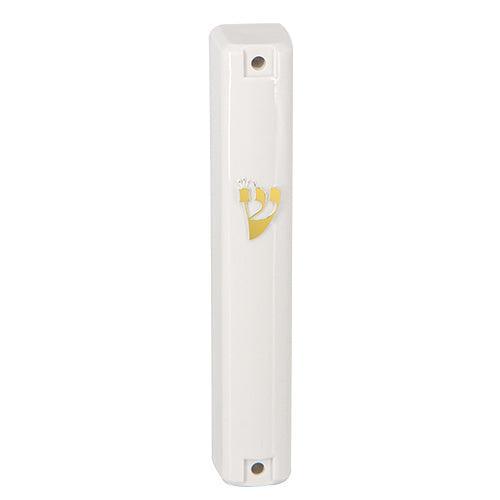 Plastic Mezuzah With Rubber Cork  12 Cm- White With Gold Shin