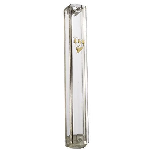 Plastic Transparent Mezuzah With Rubber Cork 10 Cm - With Gold Shin (28280)