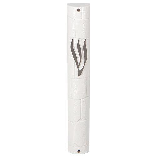 Plastic Mezuzah With Rubber Cork 15 Cm- "the Kotel" White With Silver Shin