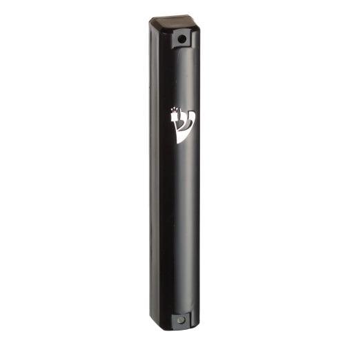Plastic Black Mezuzah With Rubber Cork 7 Cm-  With Silver Shin