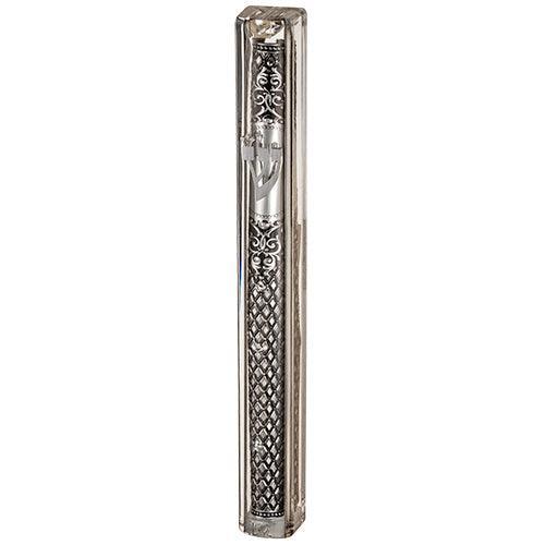 Transparent Plastic Mezuzah With Rubber Cork 15 Cm- With The Letter Shin And Plaque
