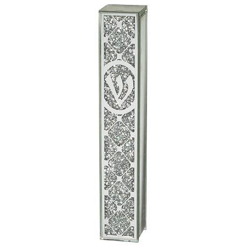 Glass Mezuzah 20 cm- Mirror with Silver Stones