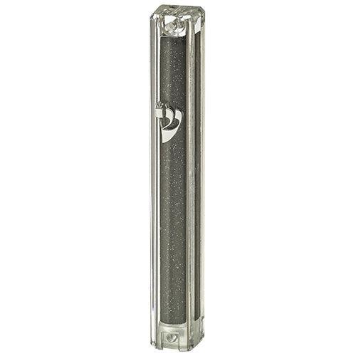 Plastic Glitter Transparent Mezuzah with Rubber Cork 12 cm-  with the Letter Shin