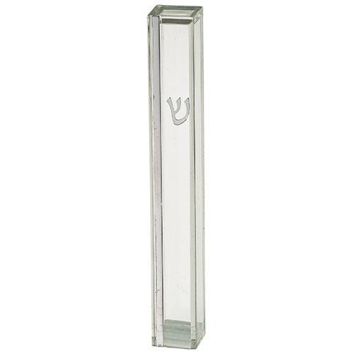 Transparent Plastic Mezuzah 15 cm - Silver SHIN & Stripe with Rubber Cork