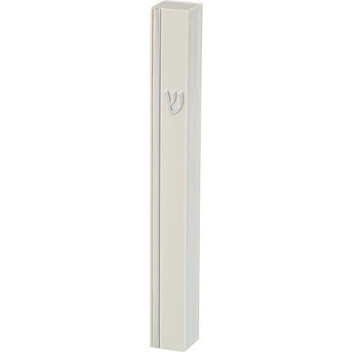 White Plastic Mezuzah 12 cm - Silver SHIN & Stripe with Rubber Cork
