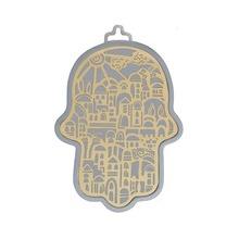 Small Anodized Aluminum Hamsa with Jerusalem Cutout Brass