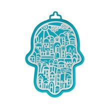 Small Anodized Aluminum Hamsa with Jerusalem Cutout Turquoise