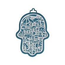 Small Anodized Aluminum Hamsa with Jerusalem Cutout Blue