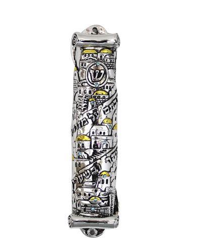 Silvered Polyresin Mezuzah 12 Cm- Parchment And Jerusalem Design Laid With Stones