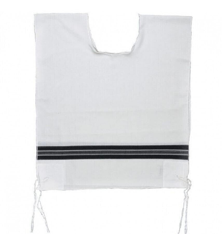 Ashkenaz Wool Tzitzit Black on white. Round Strings:.Avodat Yad  100% Wool  [Adult] Size:(24)