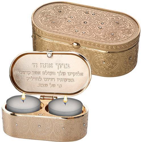 Metal Travel Size Candlesticks in a Box with cover inlaid with Stones 4X9 cm- filigreen
