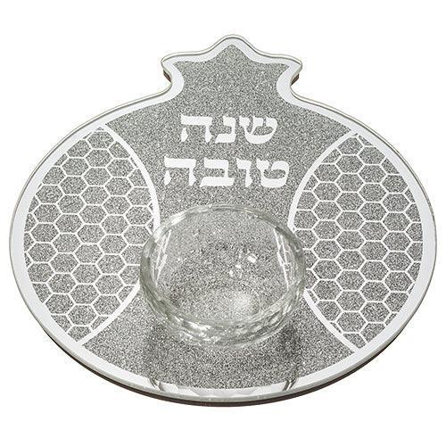 Pomegranate Shaped Glass Plate For Serving an Apple In Honey With Honey Dish at the bottom 5X19X23cm
