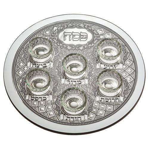Glass Passover Tray with Metal Plaque 40 cm, inc. 6 bowls