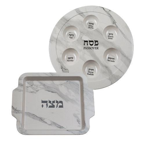 Melamine Passover and Matzah Plates- White Marble