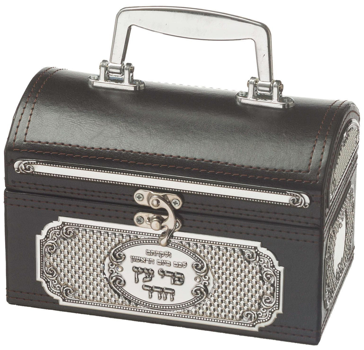 Faux Leather Etrog Box Metal Plaque, Handle & Lock 13X19X11 cm - Brown