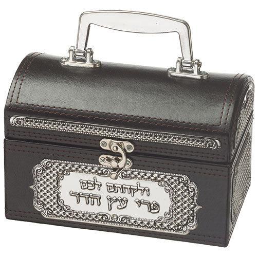 Faux Leather Etrog Box Metal Plaque, Handle & Lock 13X19X11 cm - Brown