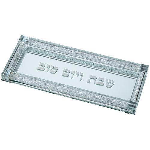 GLASS CHALLAH TRAY WITH STONES 34X14 CM
