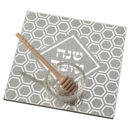 Glass Honey Dish 19x19 cm with Glitter and Spoon