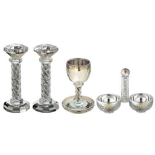 Crystal Set Of Candlesticks + Kiddush Cup + Salt & Pepper Stand with Stones