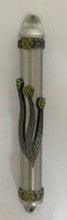 Pewter Mezuzah Case with Green Rhinestone (Karshi) 12cm