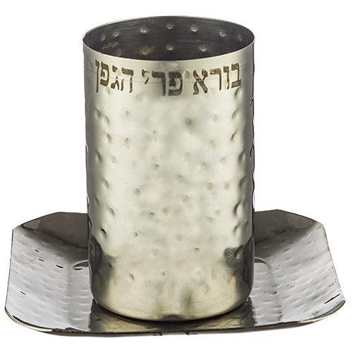 STAINLESS STEEL HAMMERED DESIGN  KIDDUSH CUP WITH SQUARE SAUCER 11 CM  contain 210ml / 7.1oz
