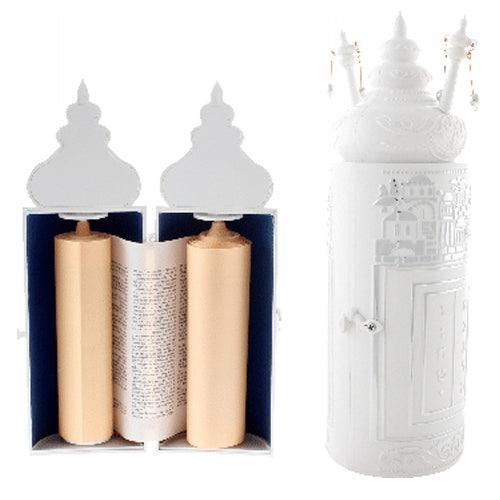 Plastic  Torah Scroll 28cm- In Silvered Jerusalem Theme -sephardic