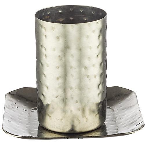 STAINLESS STEEL HAMMERED DESIGN  KIDDUSH CUP 9 CM WITH SQUARE SAUCER 11 CM contain 210ml / 7.1oz
