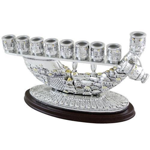 Silvered Polyresin Menorah 15x25 Cm Shofar Design With Oil Jug