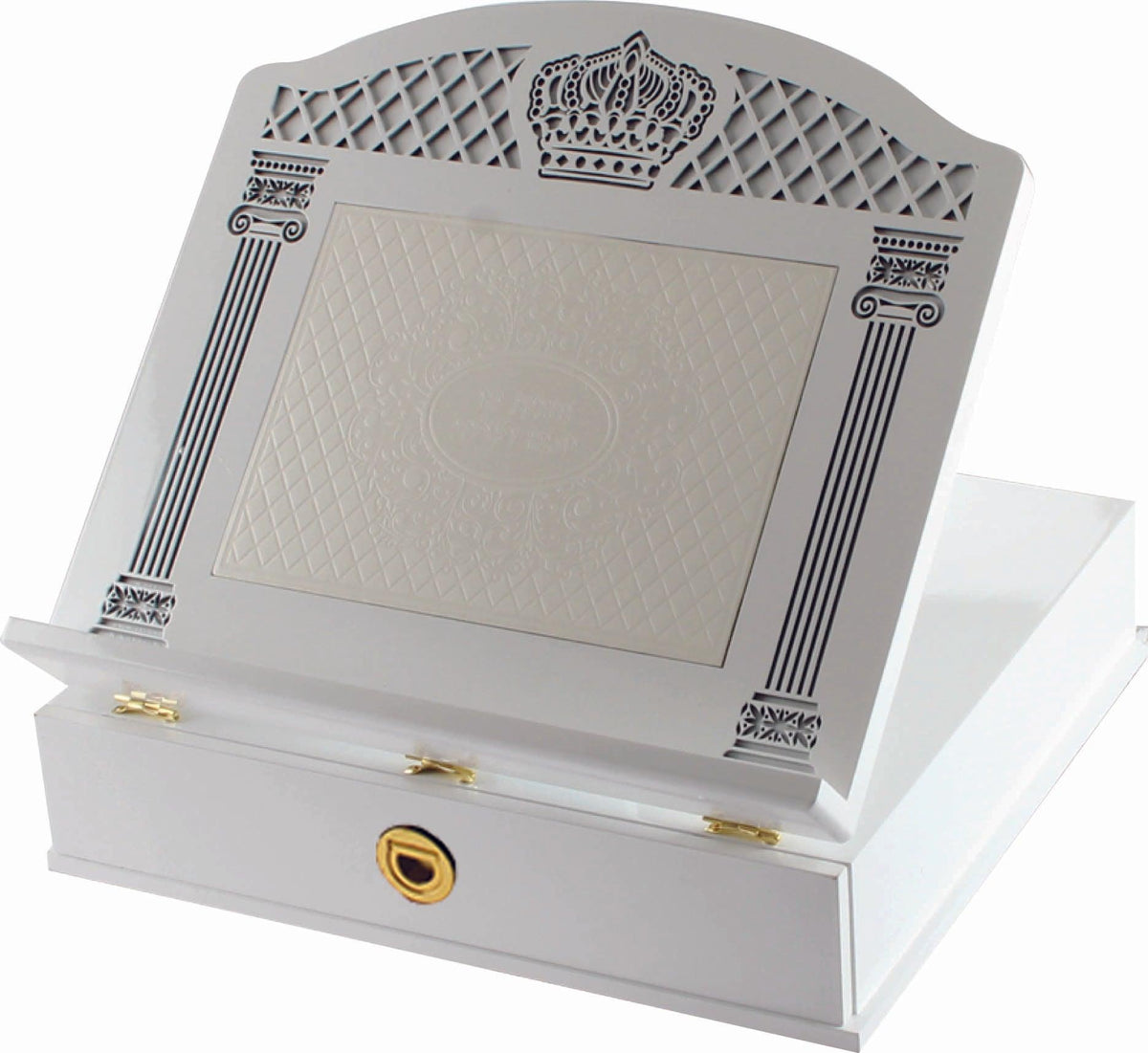 Luxurious White Wooden Shtender 35x40 Cm- With Sha'ar Vilna Faux Leather Plaque  & Drawer