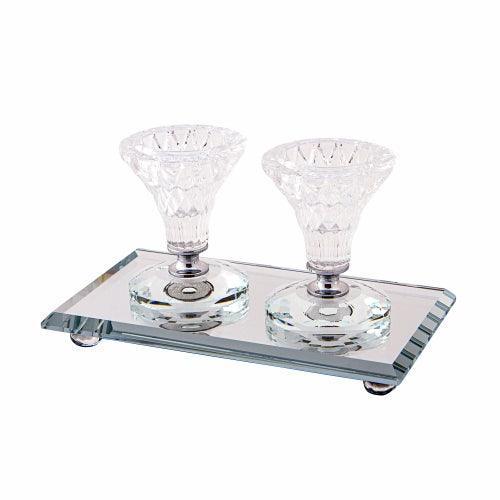 Pair Elegant Crystal Candlesticks 8cm With Elegant Tray 18x10 Cm