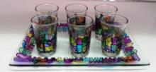 Glass Set 6 Cups & Tray Colored Jerusalem Design
