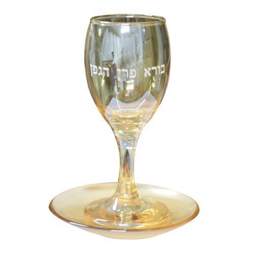 GLASS KIDDUSH CUP 15 CM WITH SAUCER- PRINTED  contain 130ml / 4.3oz