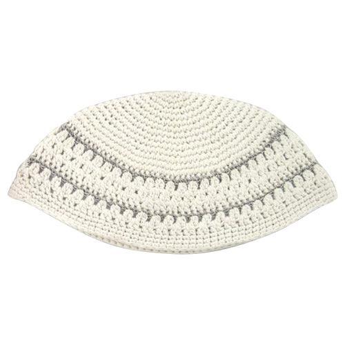 Frik Kippah 23 Cm- White With 2 Silver Stripes