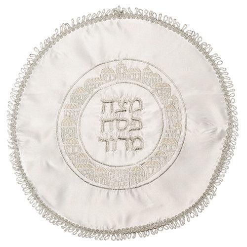 Elegant White Satin Passover Cover With Silver&gold Embroidery 45 Cm - "jerusalem Circle Design"