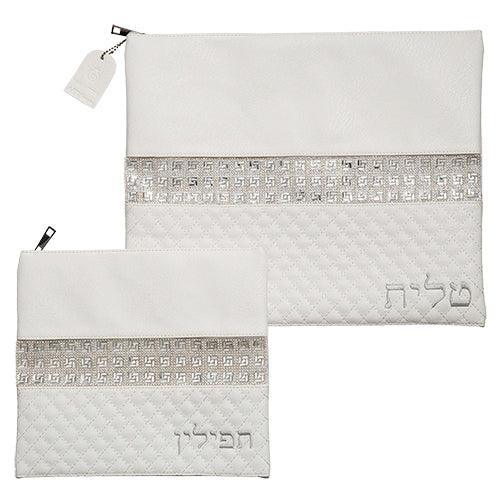 Leather Like Talit - Tefilin Set 36*29 cm with Embroidery - White