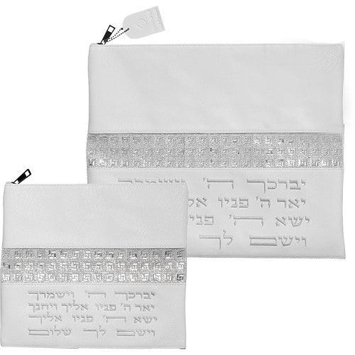 Leather Like Talit - Tefilin Set 36*29 cm with Embroidery - White
