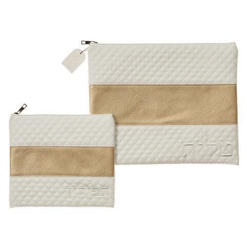 Leather Like Talit - Tefilin Set 36*29 cm with Embroidery - White