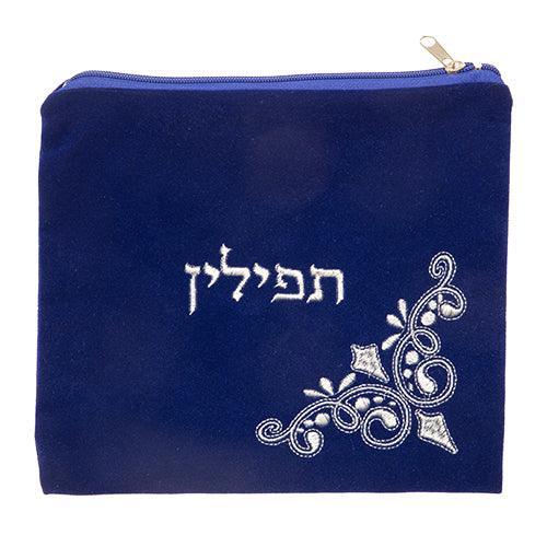 Velvet Tefilin Bag 26*24, Light Blue with Embroidey