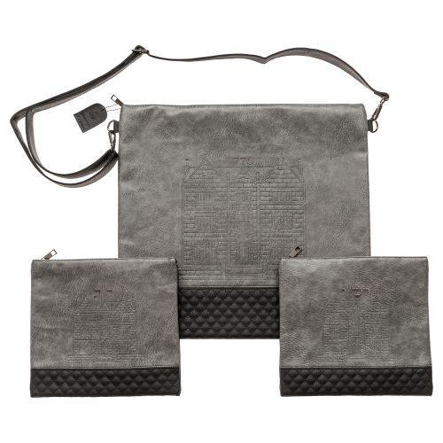 PU Fabric Talit & Tefilin Set Rashi 3 pc. Set 41*44 cm- Gray