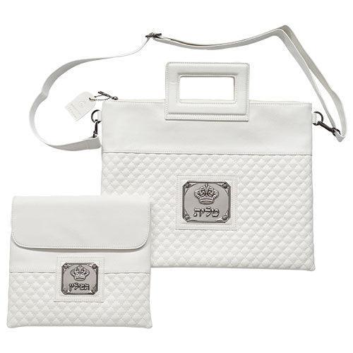 PU Fabric Talit & Tefilin Set 38*31 cm with Plate Handles- White