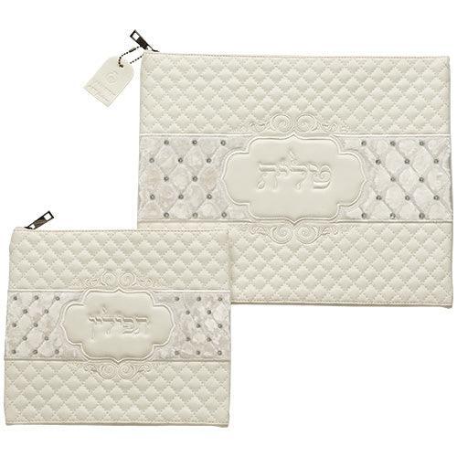 White Faux Leather Tallit and Tefillin Set Laid with Stones- 29X36 cm