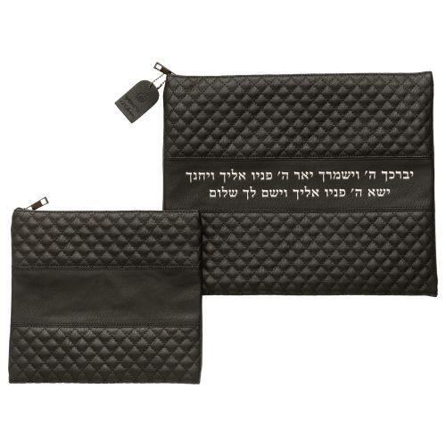 Leather Like Talit - Tefilin Set 36*29 cm Black with Embossed logo