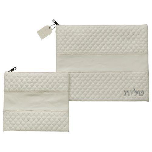 Leather Like Talit - Tefilin Set 36*29 cm White with Embossed logo