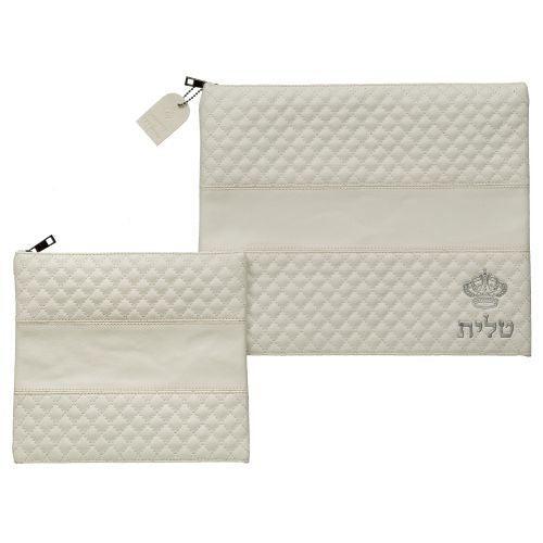 Leather Like Talit - Tefilin Set 36*29 cm White with Embossed logo