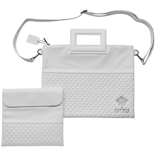 PU Fabric Talit & Tefilin Set 38*31 cm - White with Embossed logo