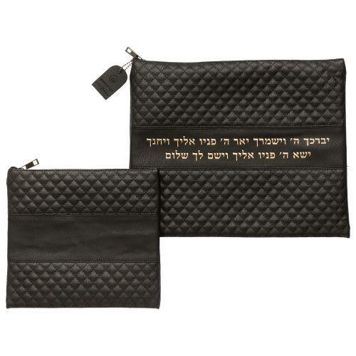 Leather Like Talit - Tefilin Set 36*29 cm Black with Embossed logo
